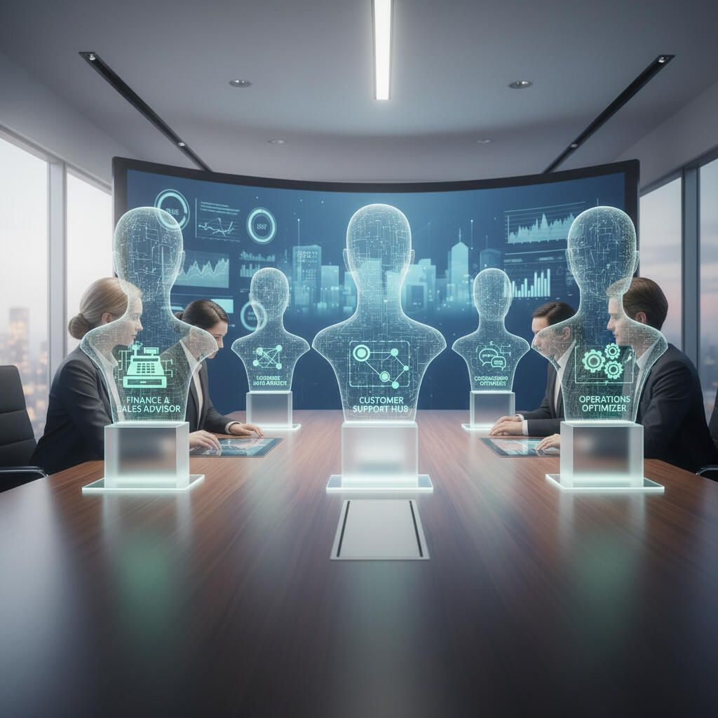 Decorative Image Conceptual image representing custom AI assistants supporting communication, intake, and administrative workflows