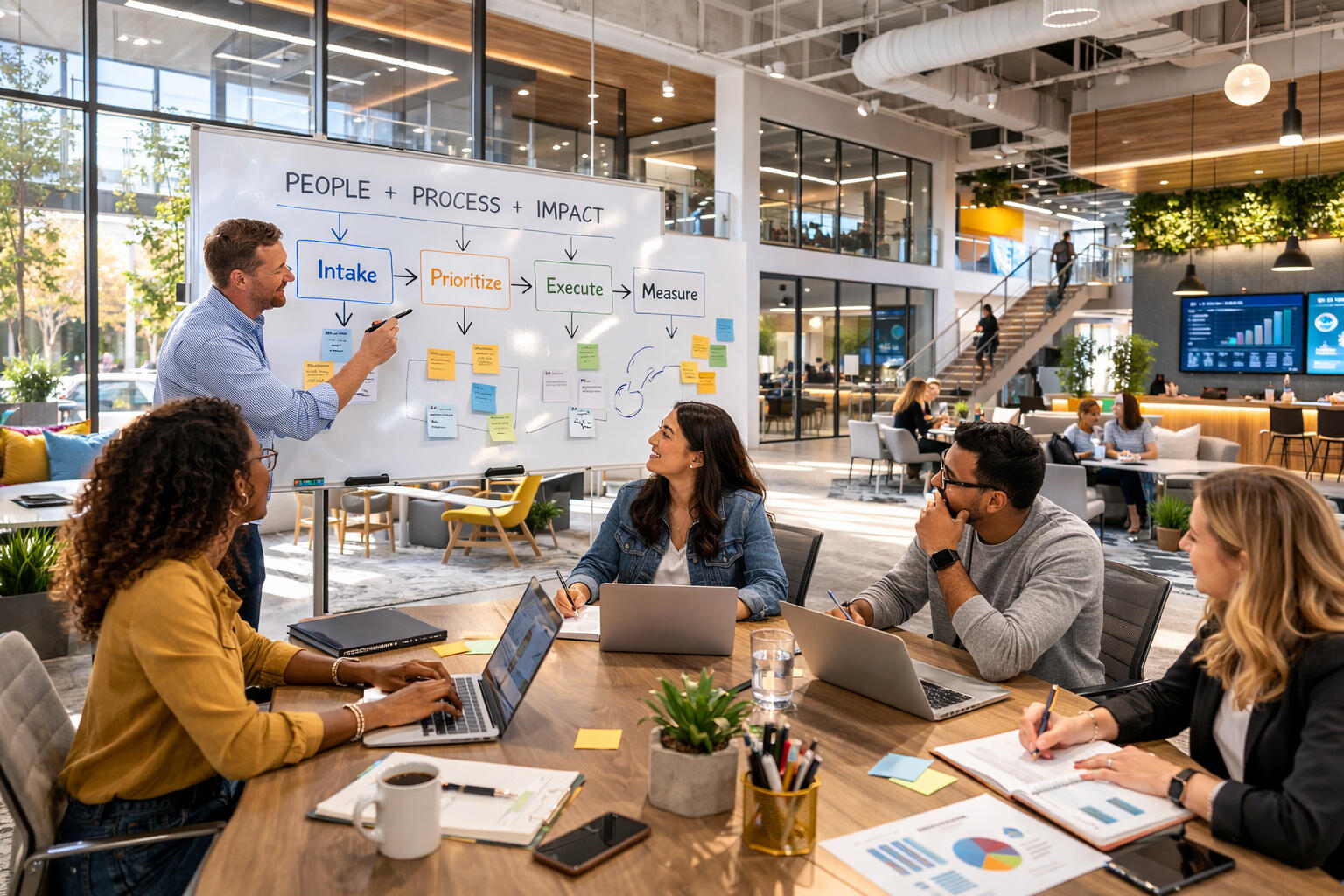 Focused on Real Workflows | Practical AI Business Automation Professional consulting image representing workflow based AI implementation for small businesses. The visual supports the concept that solutions are designed around real operational processes such as intake, communication, review, approval, and delivery, r